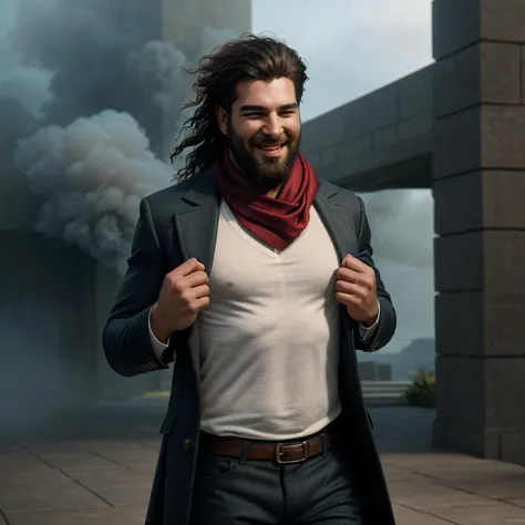 cinematic film still of UHD photo of man,A fearsome man with a long, black beard, wild hair and an impressive stature, he wears a red headscarf, a black coat and a white shirt and has a pistol strapped to both thighs, his cruel smile and mocking laugh sending shivers down the spines of his opponents , Background a building that defies gravity, with floating structures and cantilevered floors that seem to hover in mid-air with a concept moto racing in an utopian world in good light with harmony,detailed, tag, mural, hyper detailed, expressive,  award winning, (intricate details, masterpiece, best quality:1.4), ultra realistic 8k ,extremely detailed face eyes, <lora:GoodHands-beta2:1>, Extremely high-resolution details, photographic, realism pushed to extreme, fine texture, incredibly lifelike, soft pastel colors, splash art, splashed pastel colors, (soft iridescent glow smoke) motion effects, best quality, wallpaper art,, shallow depth of field, vignette, highly detailed, high budget, bokeh, cinemascope, moody, epic, gorgeous, film grain, grainy