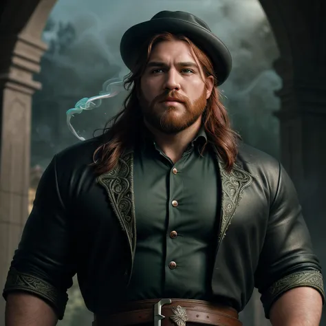 cinematic film still of UHD photo of man,A stocky, red-haired giant with a thick beard, Heart-Shaped Face, [random eyes], [eye color green], long nose, soft lip contours, flat cheeks, pointed chin, he wears a long green coat, a black Stetson hat and a sawed-off shotgun, his strong hands and bulky chest testify to raw power and aggression , Background a historic building in the style of Art Deco architecture, with intricate details and ornamentation a utopian world in good light with harmony ,detailed, tag, mural, hyper detailed, expressive,  award winning, (intricate details, masterpiece, best quality:1.4), ultra realistic 8k ,extremely detailed face eyes, <lora:GoodHands-beta2:1>, Extremely high-resolution details, photographic, realism pushed to extreme, fine texture, incredibly lifelike, soft pastel colors, splash art, splashed pastel colors, (soft iridescent glow smoke) motion effects, best quality, wallpaper art,, by Satoshi Kon and Mike Mignola,  (black , alluring , masterful:1.4), poster art, bold lines, hyper detailed, expressive,  award winning,  (landscape:1.4), (intricate details, masterpiece, best quality:1.4),
key lighting , looking at viewer, dynamic pose, wide angle view,, shallow depth of field, vignette, highly detailed, high budget, bokeh, cinemascope, moody, epic, gorgeous, film grain, grainy