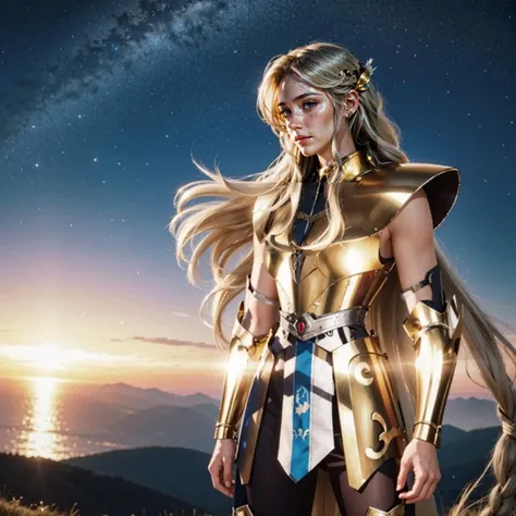 realistic hair, highly detailed hair, highly detailed eyes, highly detailed skin, highly detailed face, highly detailed armor, realistic style, Rapunzel of Tangled, white hair, golden metal armor