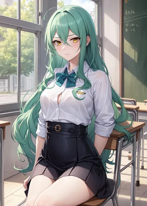 (((Spread your legs)))、Uniform Blazer、Beautiful beauty、Long green hair、((whole body))、(((Photo taken from below)))、school gate、Big Breastini skirt、panties are purple lace、Japanese、tall、Twin tail hairstyle