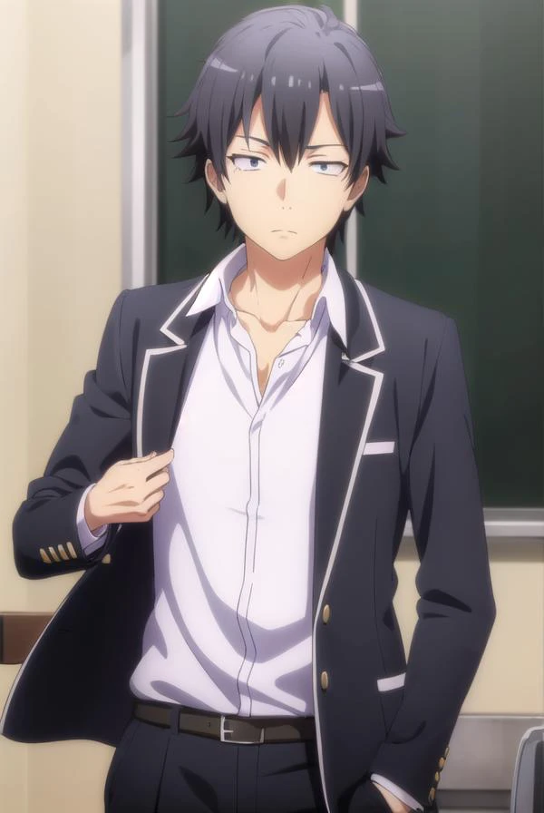 hachimanhikigaya, <lora:hachiman hikigaya s3-lora-nochekaiser:1>,
hachiman hikigaya, black hair, ahoge, male focus, (black eyes:1.5),
BREAK shirt, school uniform, jacket, white shirt, collared shirt, pants, open jacket, black jacket, black pants, blazer, sobu high school uniform,
BREAK indoors, classroom,
BREAK looking at viewer, (cowboy shot:1.5),
BREAK <lyco:GoodHands-beta2:1>, (masterpiece:1.2), best quality, high resolution, unity 8k wallpaper, (illustration:0.8), (beautiful detailed eyes:1.6), extremely detailed face, perfect lighting, extremely detailed CG, (perfect hands, perfect anatomy),