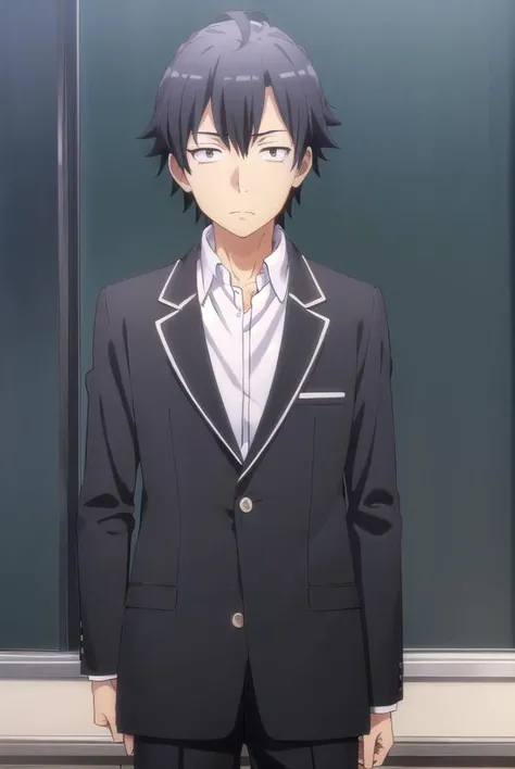 hachimanhikigaya, <lora:hachiman hikigaya s3-lora-nochekaiser:1>,
hachiman hikigaya, black hair, ahoge, male focus, (black eyes:1.5),
BREAK shirt, school uniform, jacket, white shirt, collared shirt, pants, open jacket, black jacket, black pants, blazer, sobu high school uniform,
BREAK indoors, classroom,
BREAK looking at viewer, (cowboy shot:1.5),
BREAK <lyco:GoodHands-beta2:1>, (masterpiece:1.2), best quality, high resolution, unity 8k wallpaper, (illustration:0.8), (beautiful detailed eyes:1.6), extremely detailed face, perfect lighting, extremely detailed CG, (perfect hands, perfect anatomy),