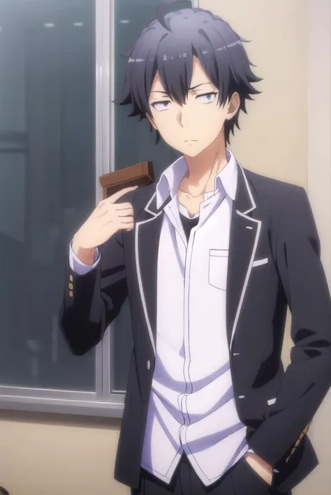 hachimanhikigaya, <lora:hachiman hikigaya s3-lora-nochekaiser:1>,
hachiman hikigaya, black hair, ahoge, male focus, (black eyes:1.5),
BREAK shirt, school uniform, jacket, white shirt, collared shirt, pants, open jacket, black jacket, black pants, blazer, sobu high school uniform,
BREAK indoors, classroom,
BREAK looking at viewer, (cowboy shot:1.5),
BREAK <lyco:GoodHands-beta2:1>, (masterpiece:1.2), best quality, high resolution, unity 8k wallpaper, (illustration:0.8), (beautiful detailed eyes:1.6), extremely detailed face, perfect lighting, extremely detailed CG, (perfect hands, perfect anatomy),