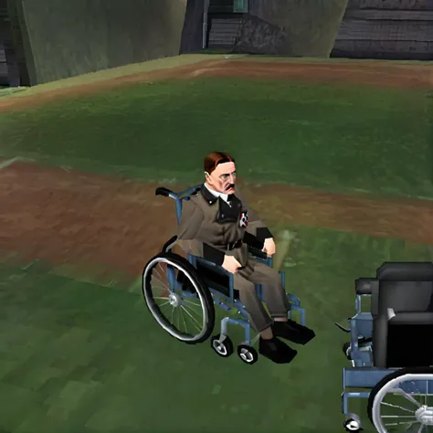 <lora:ps1_style_SDXL_v2:1>, (Adolf Hitler in a wheelchairl:1.2), PS1 GAME COVER, PLAYSTATION 1, (game screenshot), (computer generated image), <lora:add-detail-xl:0.35>
