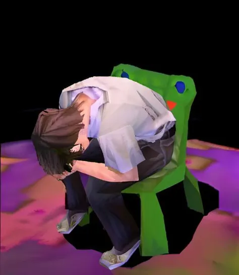 <lora:ps1style:0.7>, overhead shot, Shinji Ikari in a froggy chair meme, head buried in hands, PLAYSTATION 1, white shirt, short_sleeves, ps1 style, low poly, (game screenshot), (computer generated image)