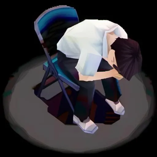 <lora:ps1style:0.7>, overhead shot, Shinji Ikari in a folding chair meme, head buried in hands, PLAYSTATION 1, white shirt, short_sleeves, ps1 style, low poly, (game screenshot), (computer generated image)