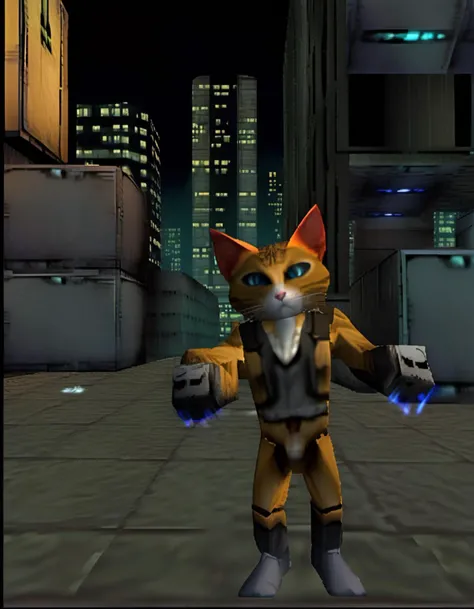 robot cat detective, blade runner metropolis (ps1 style),  <lora:ps1_style_SDXL_v1:1>, in-game screenshot