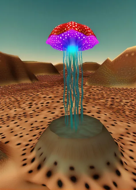 iridescent flying jellyfish in the desert, yayoi kusama style, (ps1 style:1), <lora:ps1_style_SDXL_v1:1>, (game screenshot), (computer generated image)