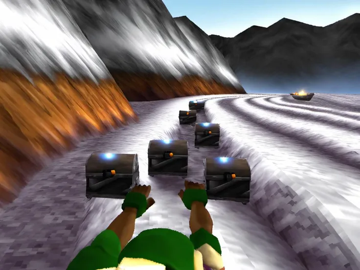 (ps1 style:1), <lora:ps1_style_SDXL_v1:0.8>, (game screenshot), (computer generated image), mountain climbers trying to outrun an avalanche on a steep slope thief