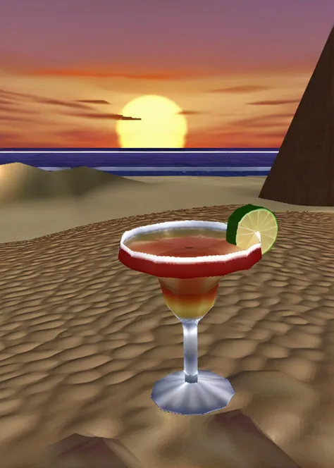 a sunset on the beach, a margarita in the sand, (ps1 style:1), <lora:ps1_style_SDXL_v1:1>, (game screenshot), (computer generated image)