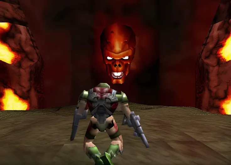 doomslayer doomguy in hell, (ps1 style:1), <lora:ps1_style_SDXL_v1:1>, (game screenshot), (computer generated image)