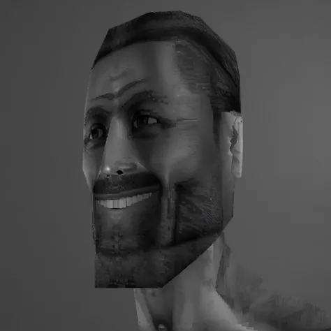 game screenshot, computer generated image, ps1 style, man , smile <lora:last:1> , greyscale, realistic, solo