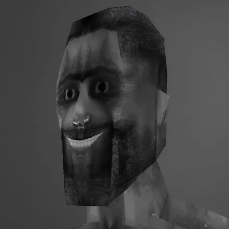 (worst quality, low quality, normal quality) ,game screenshot, computer generated image, ps1 style, man , smile <lora:last:1> , greyscale, realistic, solo, good eyes, Demonic eyes, wicked smile