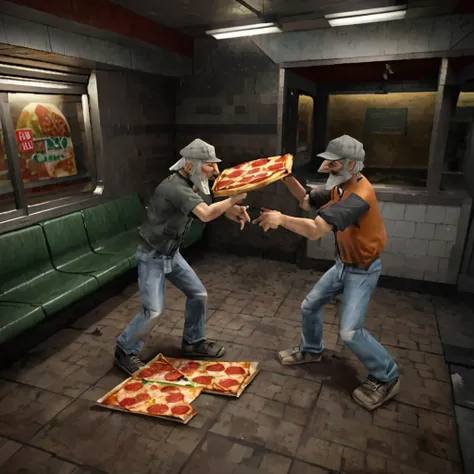 3d, two homeless people fighting over pizza slice, in subway, <lora:ps1style:1>