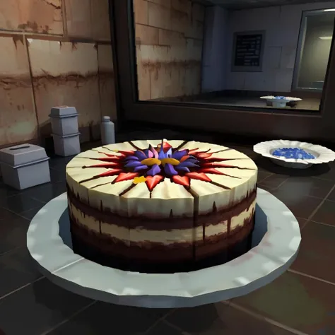 <lora:ps1style:0.7>  parasite eve SCP, low poly,  containment breach, (ps1 style), (game screenshot), (computer generated image), A layer cake made out of a stratographic cross-section of the Sonoran Desert, rough cake texture, melt chocolate cover, colorful gummies, vanilla or almond extract, creamy cream cheese frosting, decorated with fresh fruit, edible flowers, or chocolate shavings, Environment  texture mapping, mirror reflection, specular lightning