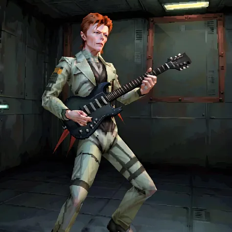 close shot portrait of <lora:ps1style:0.8> david bowie in metal gear solid SCP, low poly, containment breach, (ps1 style), (game screenshot), (computer generated image), singing and holding a eletric guitar, wireframe, flat shading, concept art. digital artwork, illustrative, painterly, matte painting, highly detailed