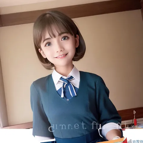 goutou, very small face, small head, original,(illustration:1.1),(best quality),(masterpiece:1.1),(beautiful and clear background:1.25),(extremely detailed CG unity 8k wallpaper:1.1), (colorful:0.9),(depth of field:0.75),( ink splashing:0.95),(color splashing:0.85),(watercolor:0.65), \\ (cowboy shot:1.4),blue (school uniform:1.4), 1girl, bangs, :d, brown hair, blue_eyes, dress, earrings,looking_at_viewer, neck_ribbon, short_hair, smile, \\ classroom, indoor, sunny, detailed blue sky, \\<lora:loveliveTangKeke_tangKeke:0.6> , <lora:goutouLora_v20:0.8>