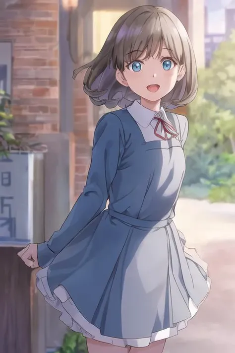 (depth of field:0.75), \\ (cowboy shot:1.4),blue (school uniform:1.4), pleated clothes,1girl, bangs, :d, brown hair, blue_eyes,pleated detailed dress, earrings, neck_ribbon, short_hair, outdoors, {evening},(blurry:1),{{{lineart,anime screeshot}}}<lora:loveliveTangKeke_tangKeke:0.8>,low saturation,(noise:1)