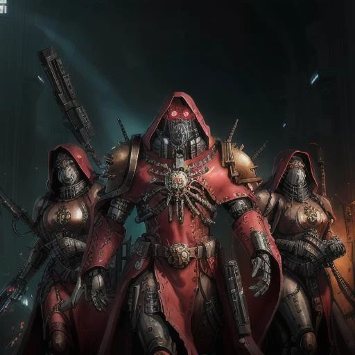 The Adeptus Mechanicus, a member of the cult of machines and technology in the Warhammer 40,000 universe, is usually depicted wearing a distinctive black and red mechanized suit studded with machine symbols and sacred hieroglyphs. They have cybernetic prostheses that replace lost body parts, and their faces are hidden under a hood or mask with monitors and LEDs. The Adeptus Mechanicus is also often armed with energy and combat mechanical weapons, their form and function associated with the cult of technology and the belief in the sacred machine deity, Omnisiah, red cloak <lora:adeptus:0.5>