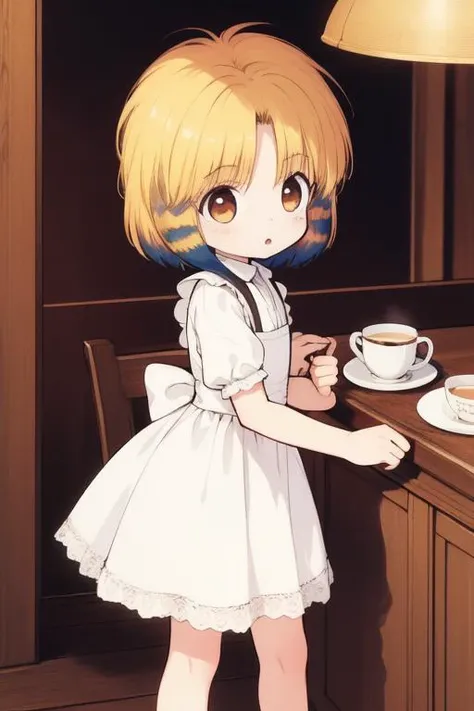 <lora:nyannyan:0.8> nyannyan, 1girl, multicolored hair, brown eyes, gold hair, short hair. toddler, a very young child, cowboy Shot,
Gothic Maid, cafe, tea,
masterpiece, high quality, very_high_resolution, large_filesize, full color,