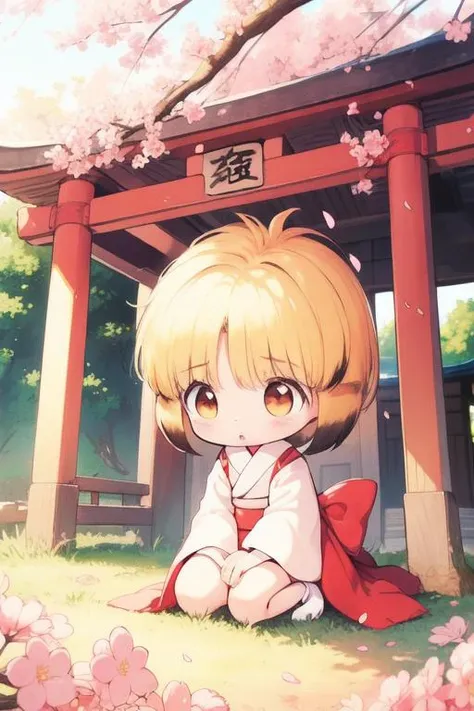 <lora:nyannyan:0.8> nyannyan, 1girl, multicolored hair, brown eyes, gold hair, short hair. chibi, toddler, a very young child,
japanese white clothes, miko, red hakama, shrine, cherry blossom,
masterpiece, high quality, very_high_resolution, large_filesize, full color,