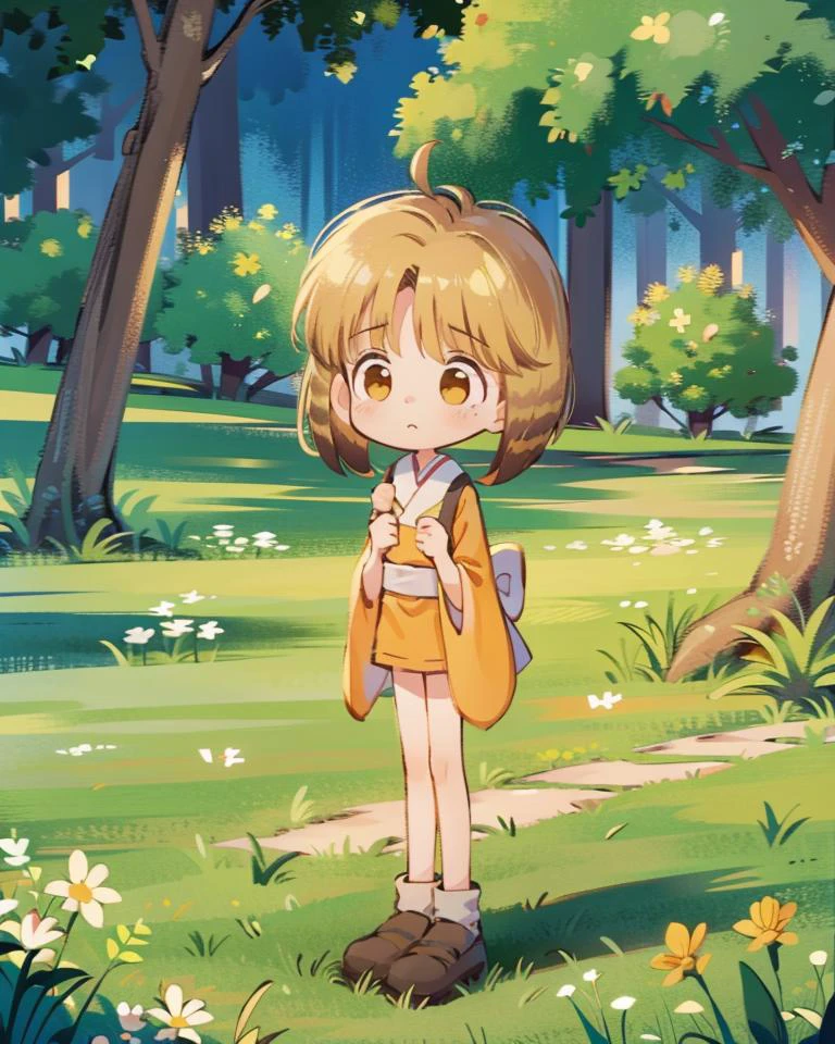 (1girl, solo),
standing, simple background,
<lora:nyannyan:0.9>, (nyannyan, multicolored hair, brown eyes, gold hair, short hair. child, japanese clothes, kimono),
outdoors,