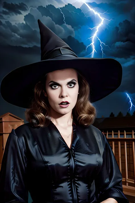 <lora:Bewitched:0.7>a perfect angle head shot close-up photo of bewitched, posing for the camera, wearing a black silk robe, ((pointy witch hat)), witch, witchcraft, black buckle on hat, black eyeshadow, black mascara, black eyeliner, angry expression, evil, sinister, scary, rim light, fill light, deep shadows, spooky, (heavy intense lightning storm backdrop), dark clouds, foggy background, (gothic castle), facing viewer, magazine cover, sharp focus, detailed, high quality, high resolution ,