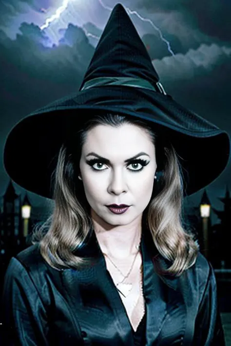 <lora:Bewitched:0.7>a perfect angle head shot close-up photo of bewitched, posing for the camera, wearing a black silk robe, ((pointy witch hat)), witch, witchcraft, black buckle on hat, black eyeshadow, black mascara, black eyeliner, angry expression, evil, sinister, scary, rim light, fill light, lightning storm backdrop, dark clouds, foggy background, gothic castle, facing viewer, magazine cover, sharp focus, detailed, high quality, high resolution ,