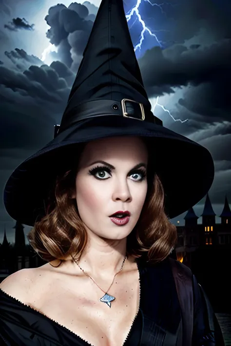 <lora:Bewitched:0.7>a perfect angle head shot close-up photo of bewitched, posing for the camera, wearing a black silk robe, ((pointy witch hat)), witch, witchcraft, black buckle on hat, black eyeshadow, black mascara, black eyeliner, angry expression, evil, sinister, scary, rim light, fill light, lightning storm backdrop, dark clouds, foggy background, (gothic castle), facing viewer, magazine cover, sharp focus, detailed, high quality, high resolution ,