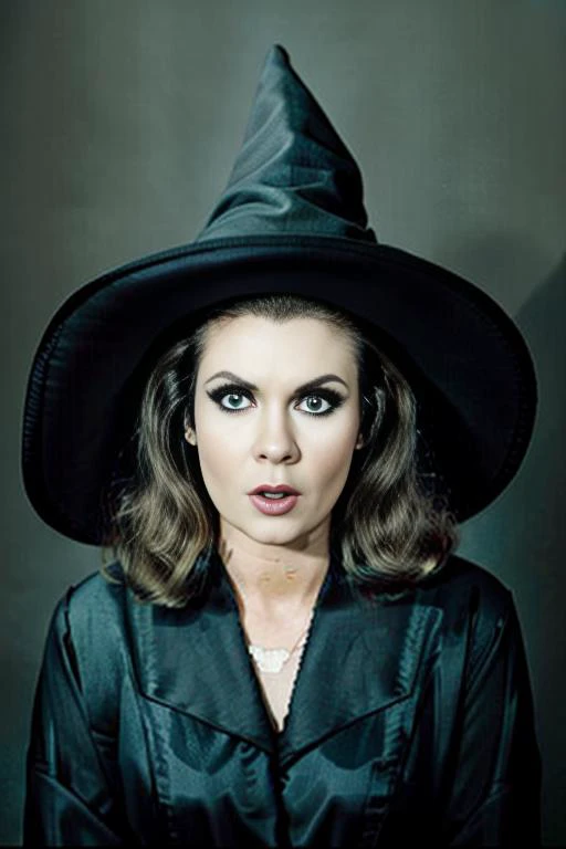 <lora:Bewitched:0.7>a perfect angle head shot close-up photo of bewitched, posing for the camera, wearing a black silk robe, ((pointy witch hat)), witch, witchcraft, black buckle on hat, black eyeshadow, black mascara, black eyeliner, angry expression, evil, sinister, scary, studio lighting, key light, rim light, fill light, photography backdrop, facing viewer, magazine cover, sharp focus, detailed, high quality, high resolution ,
