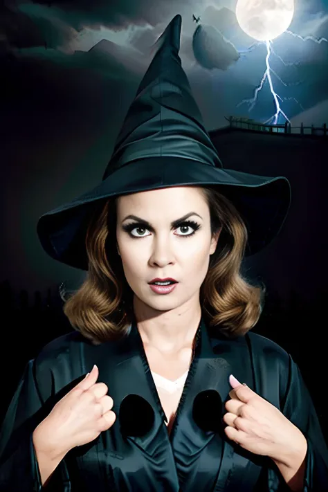 <lora:Bewitched:0.7>a perfect angle head shot close-up photo of bewitched, posing for the camera, wearing a black silk robe, ((pointy witch hat)), witch, witchcraft, black buckle on hat, black eyeshadow, black mascara, black eyeliner, angry expression, evil, sinister, scary, rim light, fill light, deep shadows, spooky, (full moon in sky), (heavy intense lightning storm backdrop), dark clouds, realistic clouds, foggy background, (gothic stone castle), facing viewer, magazine cover, sharp focus, detailed, high quality, high resolution ,