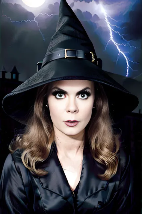 <lora:Bewitched:0.7>a perfect angle head shot close-up photo of bewitched, posing for the camera, wearing a black silk robe, (((pointy witch hat))), witch, witchcraft, black buckle on hat, black eyeshadow, black mascara, black eyeliner, angry expression, evil, sinister, scary, rim light, fill light, deep shadows, spooky, (full moon in sky), (heavy intense lightning storm backdrop), dark clouds, realistic clouds, foggy background, (gothic stone castle), facing viewer, magazine cover, sharp focus, detailed, high quality, high resolution ,