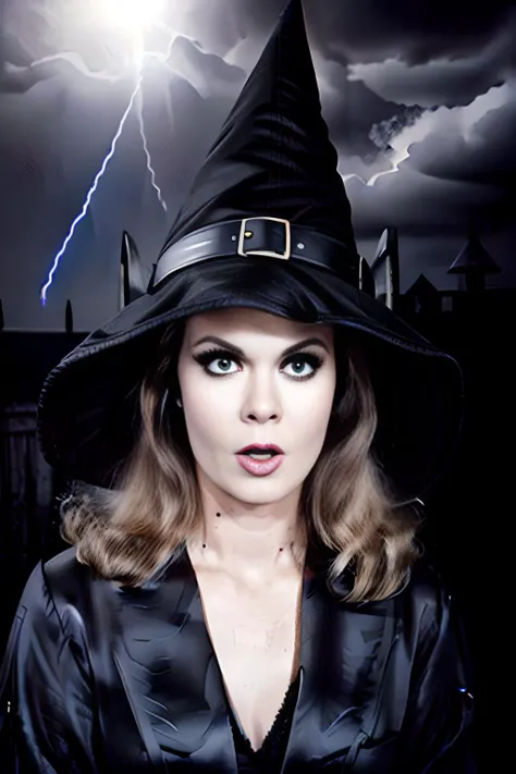 <lora:Bewitched:0.7>a perfect angle head shot close-up photo of bewitched, posing for the camera, wearing a black silk robe, (((pointy witch hat))), witch, witchcraft, black buckle on hat, black eyeshadow, black mascara, black eyeliner, angry expression, evil, sinister, scary, rim light, fill light, deep shadows, spooky, (full moon in sky), (heavy intense lightning storm backdrop), dark clouds, realistic clouds, foggy background, (gothic stone castle), facing viewer, magazine cover, sharp focus, detailed, high quality, high resolution ,