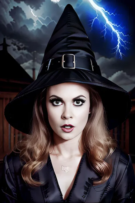 <lora:Bewitched:0.7>a perfect angle head shot close-up photo of bewitched, posing for the camera, wearing a black silk robe, ((pointy witch hat)), witch, witchcraft, black buckle on hat, black eyeshadow, black mascara, black eyeliner, angry expression, evil, sinister, scary, rim light, fill light, deep shadows, spooky, full moon in sky, (heavy intense lightning storm backdrop), dark clouds, realistic clouds, foggy background, (gothic stone castle), facing viewer, magazine cover, sharp focus, detailed, high quality, high resolution ,