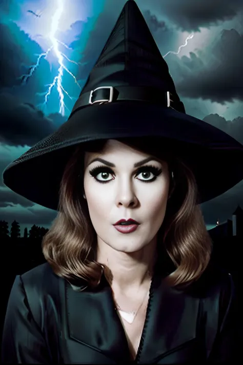 <lora:Bewitched:0.7>a perfect angle head shot close-up photo of bewitched, posing for the camera, wearing a black silk robe, ((pointy witch hat)), witch, witchcraft, black buckle on hat, black eyeshadow, black mascara, black eyeliner, angry expression, evil, sinister, scary, rim light, fill light, (heavy intense lightning storm backdrop), dark clouds, foggy background, (gothic castle), facing viewer, magazine cover, sharp focus, detailed, high quality, high resolution ,