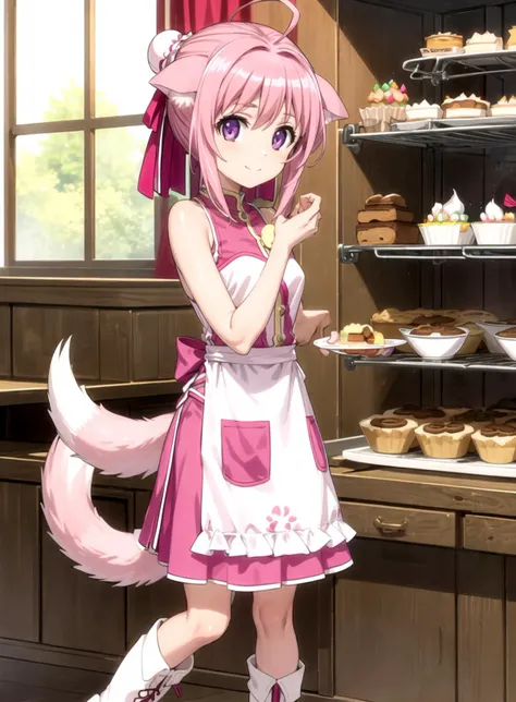 masterpiece, best quality, detailed hands, millhiore f. biscotti, dog girl, dog ears, ahoge, pink hair, short hair, double bun, hair ribbon, purple eyes, small breasts, dog tail <lora:Kizuki - Dog Days - Millhiore F Biscotti:0.9> long apron, sleeveless shirt, skirt, boots, smile, looking at viewer, wooden shelf bakery, cookies, biscuits, cakes, cupcakes, oven <lyco:GoodHands-beta2:1.0> <lora:more_details:0.4>