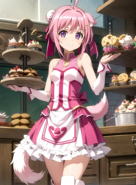 masterpiece, best quality, detailed hands, millhiore f. biscotti, dog girl, dog ears, ahoge, pink hair, short hair, double bun, hair ribbon, purple eyes, small breasts, dog tail <lora:Kizuki - Dog Days - Millhiore F Biscotti:0.9> long apron, sleeveless shirt, skirt, boots, smile, looking at viewer, wooden shelf bakery, cookies, biscuits, cakes, cupcakes, oven <lyco:GoodHands-beta2:1.0> <lora:more_details:0.4>