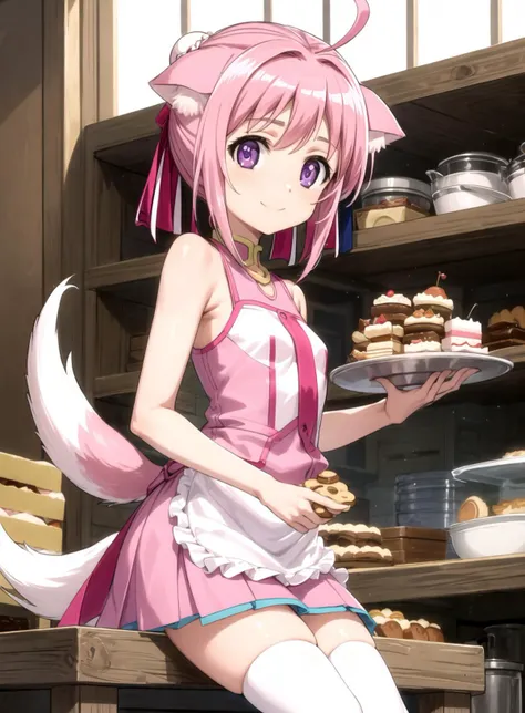 masterpiece, best quality, detailed hands, millhiore f. biscotti, dog girl, dog ears, ahoge, pink hair, short hair, double bun, hair ribbon, purple eyes, small breasts, dog tail <lora:Kizuki - Dog Days - Millhiore F Biscotti:0.9> long apron, sleeveless shirt, skirt, boots, smile, looking at viewer, wooden shelf bakery, cookies, biscuits, cakes, cupcakes, oven <lyco:GoodHands-beta2:1.0> <lora:more_details:0.4>
