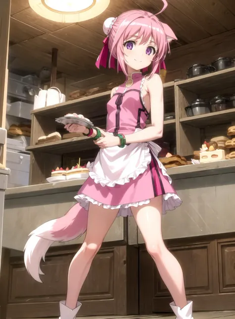 masterpiece, best quality, detailed hands, millhiore f. biscotti, dog girl, dog ears, ahoge, pink hair, short hair, double bun, hair ribbon, purple eyes, small breasts, dog tail <lora:Kizuki - Dog Days - Millhiore F Biscotti:0.9> long apron, sleeveless shirt, skirt, boots, smile, looking at viewer, wooden shelf bakery, cookies, biscuits, cakes, cupcakes, oven <lyco:GoodHands-beta2:1.0> <lora:more_details:0.4>