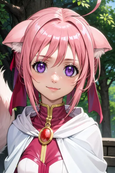 best quality, masterpiece, absurdres, portrait, close-up, 
1girl,millhiore f. biscotti, KizukiAi, dog girl, dog ears, animal ear fluff, ahoge, pink hair, short hair, double bun, hair ribbon, purple eyes, animal ears, small breasts, long dress, cape, gloves, dog tail, (looking at viewer:1.2), smile, forest
<lora:Kizuki - Dog Days - Millhiore F Biscotti:0.9>
