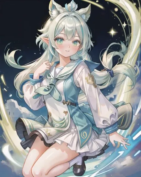 girl with green hair and blue dress, energetic mood, idol, curly white hair, textile, genshin impact character, app, character reveal, a human bard, colourful long hair, energetic, round ears, pianist, former, sailor uniform, mercury dress, masterpiece, 8k, highest quality, trending on pixiv, 