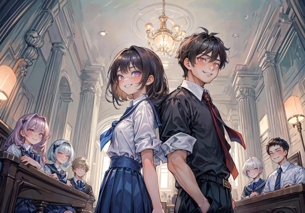 masterpiece, best quality, illustration, beautiful detailed
<lora:add_detail:0.4>
((3 girls, multiple girls, multiple boys, 3 boys)) , wide angle, fisheye lens, hands behind back,  evil smile, light columns, ((1 boy)), mixed gender school book photo, ((man and woman)),