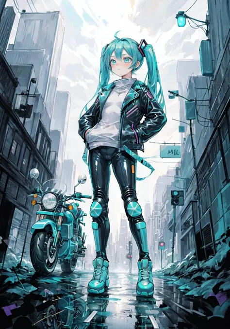 masterpiece, best quality, illustration, beautiful detailed
Hatsune miku, latex bodysuit, ((motorcycle)), leather jacket, city, wide angle, hands in pockets