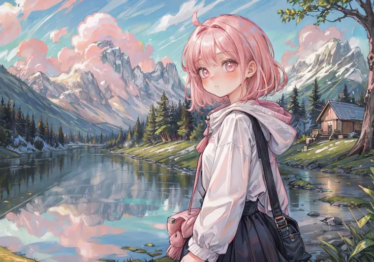 masterpiece, best quality, illustration, beautiful detailed
<lora:add_detail:0.4>,
1girl, pink hair, medium hair, long sleeves, solo, cute, landscape, outdoors,