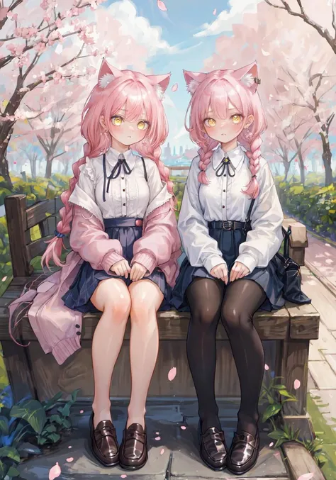 masterpiece, best quality, illustration, beautiful detailed shiny eyes, beautifully detailed skin, Depth of field, bloom, bokeh,highres, absurdres, ultradetailed,,kawaii-colors, higly detailed eyes, shiny, shiny skin, bright eyes,
masterpiece, best quality, cute, 2girls, cat ears, pink hair, yellow eyes, braid, spiked hair, halterneck, loafers, buttons, zipper, earrings, cherry blossoms