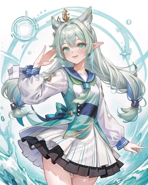 girl with green hair and blue dress, energetic mood, idol, curly white hair, textile, genshin impact character, app, character reveal, a human bard, colourful long hair, energetic, round ears, pianist, former, sailor uniform, mercury dress, masterpiece, 8k, highest quality, trending on pixiv, 