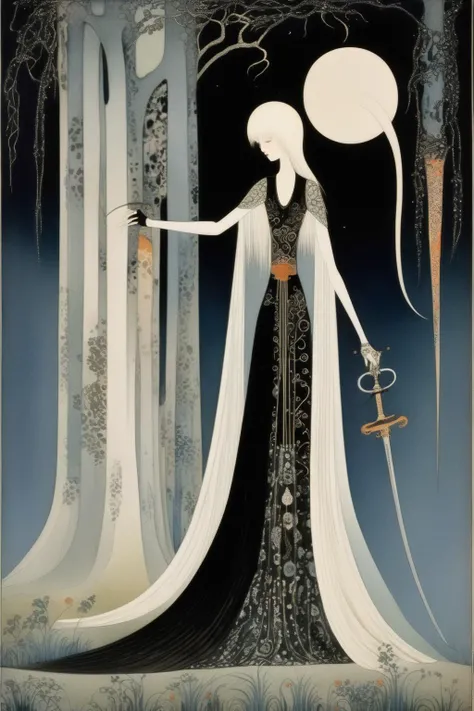 <lora:Kay Nielsen Style:1>Kay Nielsen Style - kay nielsen painting of a mysterious woman holding a sword