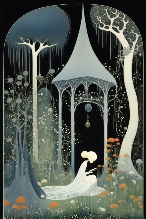 <lora:Kay Nielsen Style:1>Kay Nielsen Style - A witch tending to her garden of thoughts. In the style of Kay Nielsen.
