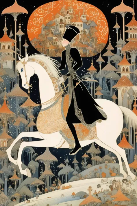 <lora:Kay Nielsen Style:1>Kay Nielsen Style - an Art Nouveau style of kay nielsen, a prince on a horse running in the middle of a crowded villages 0