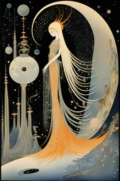 <lora:Kay Nielsen Style:1>Kay Nielsen Style - Kay Nielsen Style. Outer space. The earth is about to shatter. The goddess dances while looking down on it.